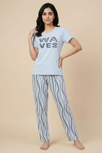 Zivame Wavy Stripes Knit Cotton Pyjama Set - Ice Water — thumbnail 5